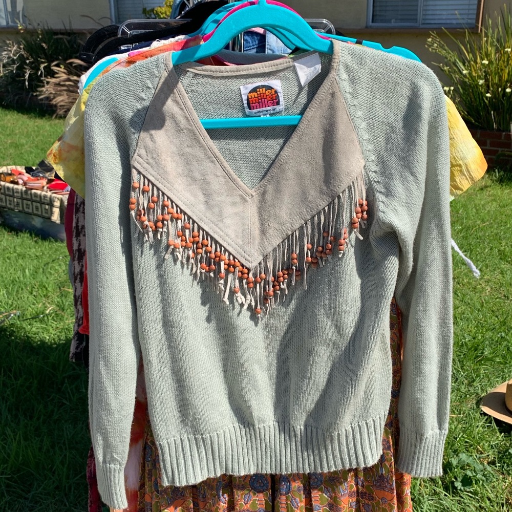 Vintage sweater w/ suede and beaded fringe detail